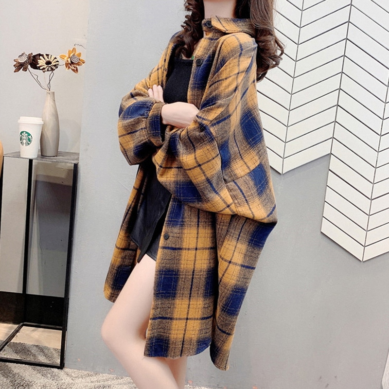 Orange Plaid Brushed Flannel Long-Sleeve Shirt for Women, Autumn and Winter European Style, Thickened, Loose Fit, Mid-Length, Layering Jacket Top
