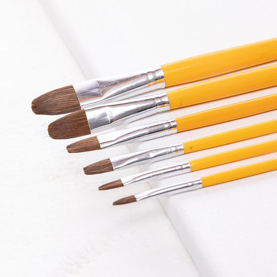 Set of 6 yellow rod oil paint brushes, gouache, watercolor, acrylic paint, exam practice art brushes