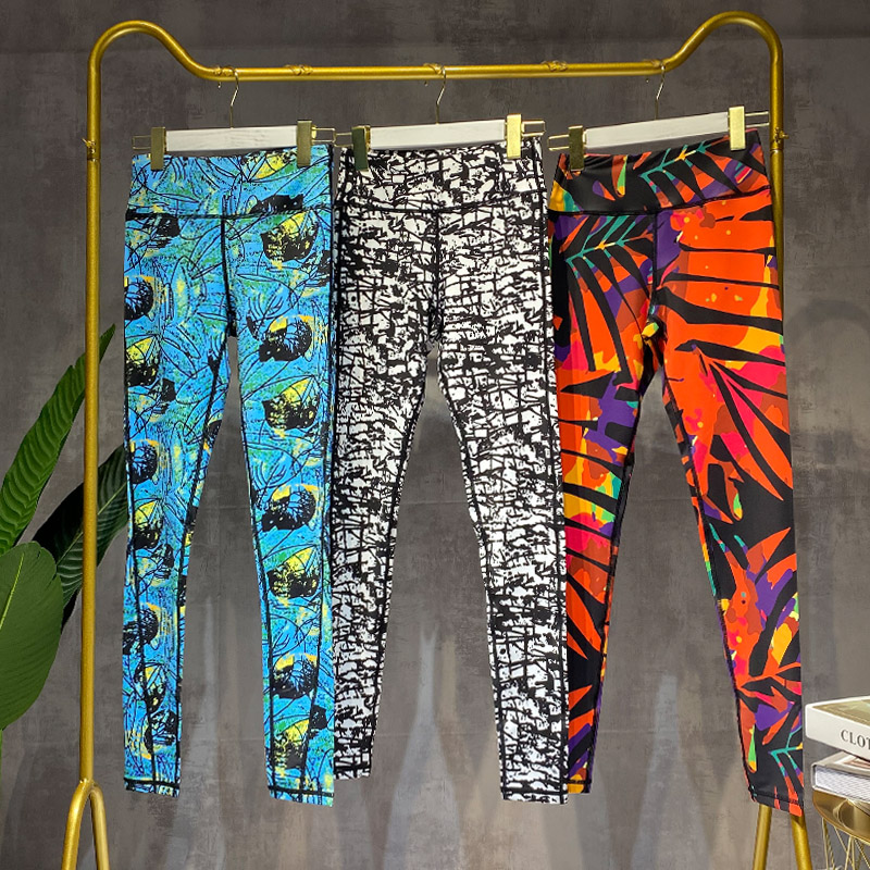 Color yoga pants female elastic tight height waist movement outside wearing thin print speed dry yoga flower pants long pants summer