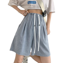 Maternity denim shorts for outer wear 2024 new summer light blue unsupported abdominal drawstring laces fashion loose trousers