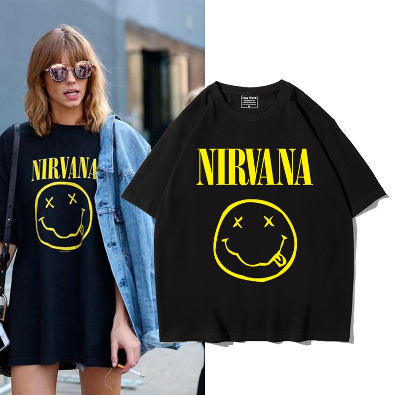 Nirvana Smiley Face American Style Drop Shoulder Heavyweight Loose Rock Half-Sleeve Oversized Short-Sleeve T-Shirt for Men and Women