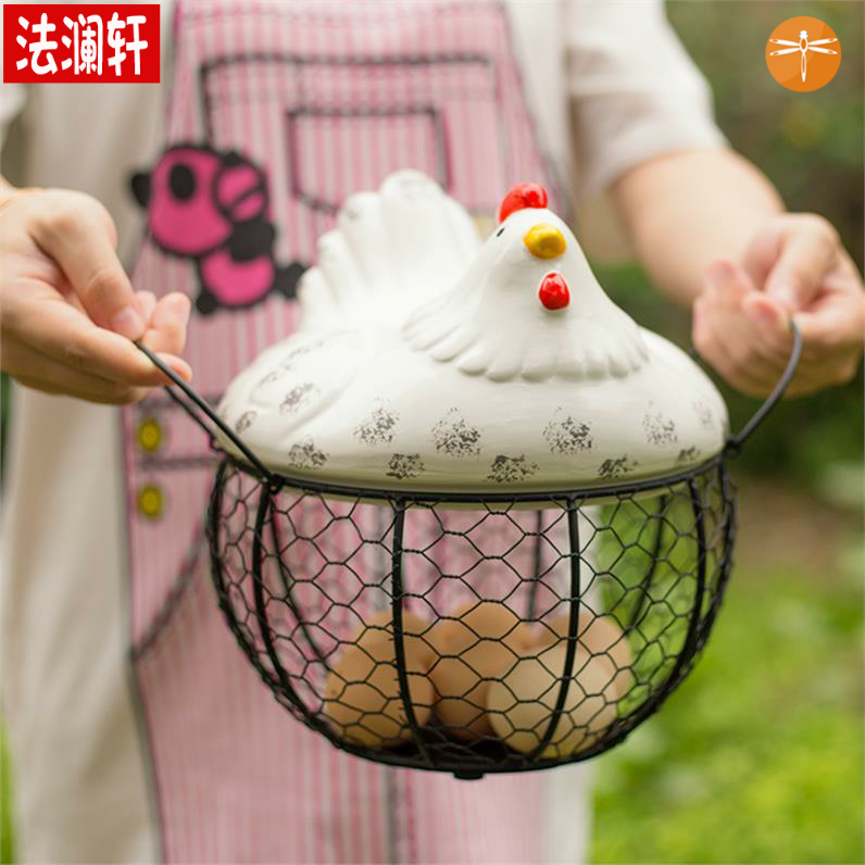 With lid Personality Storage Basket Hen Egg Containing Box Desktop Kitchen Apple Basket Creative Vegetable Iron wrought iron