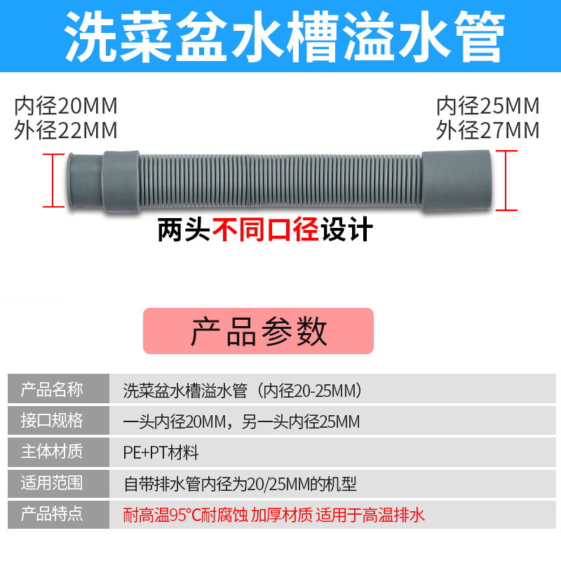 加厚款溢水管23mm厨房不锈钢水槽侧漏软管洗菜盆溢水口下水器配件