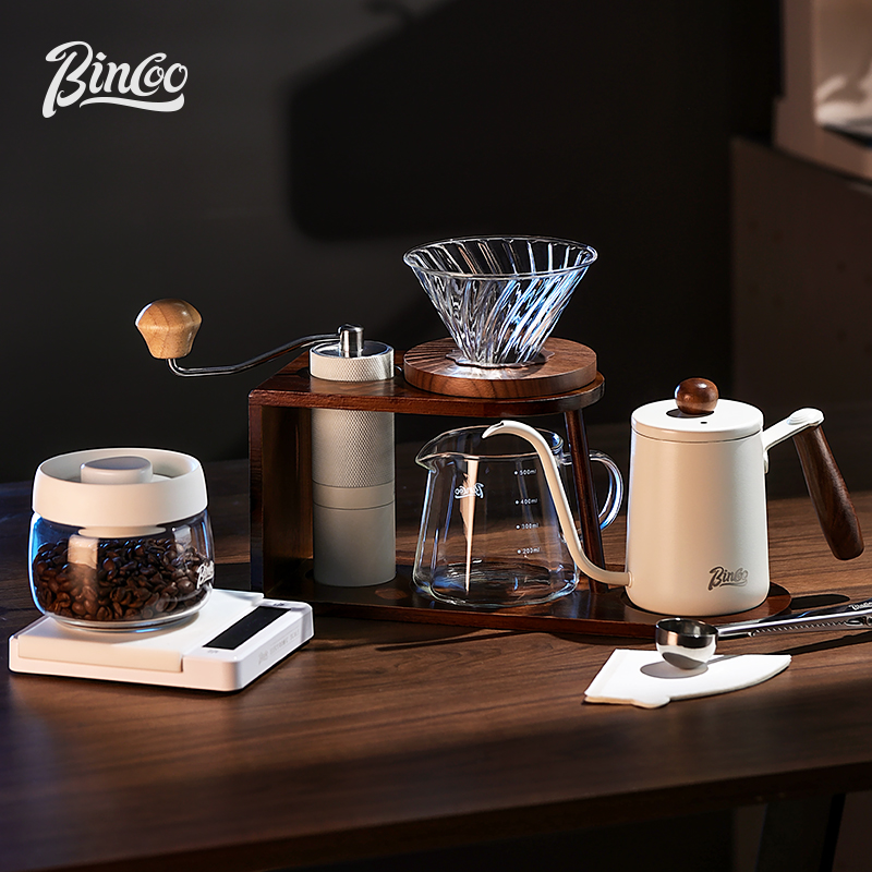 Bincoo アカシア木製スタンド ハンドブリューコーヒーポットセット 家庭用ハンドブリューグラインダー 電子スケール フィルターカップ アドバンス