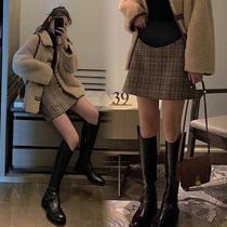 Pregnant womens skirt autumn and winter thickened pregnant womens skirt bottom fine Plaid underbelly bag skirt tide mother pleated A- line dress