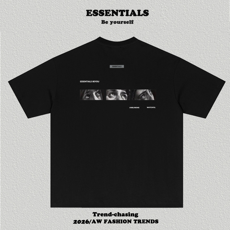 American Essentials Heavyweight Pure Cotton Character Gaze Short-Sleeve T-Shirt for Men and Women, Loose Trendy Brand Versatile Fog Top