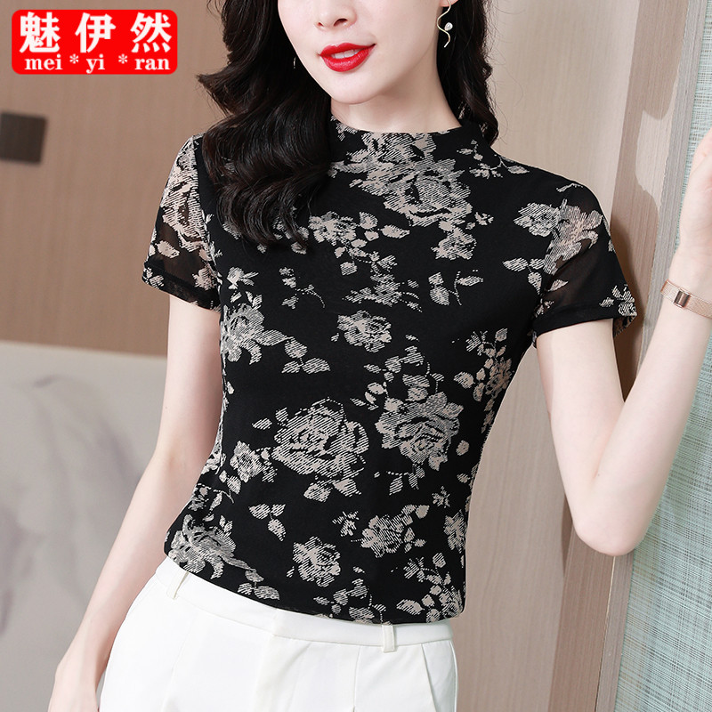 Flower color mesh yarn short sleeve T-shirt female summer large size with half height collar and body elastic blouse fashion foreign mommy small shirt
