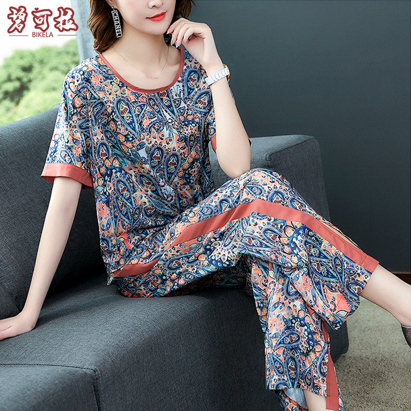 Spring and autumn large size women's high-end Western style short-sleeved top suit cover the crotch and show thin wide-leg trousers two-piece