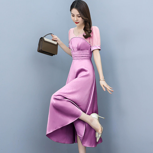 Acetate fabric satin dress women's summer high-end big brand Hangzhou short-sleeved silk mulberry silk skirt high-end sense