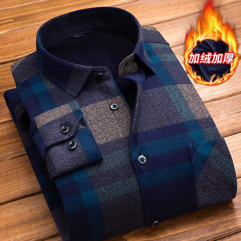 爸爸衬衫男长袖中年男装加绒加厚衬衣男老年冬装宽松格子衬衫男装