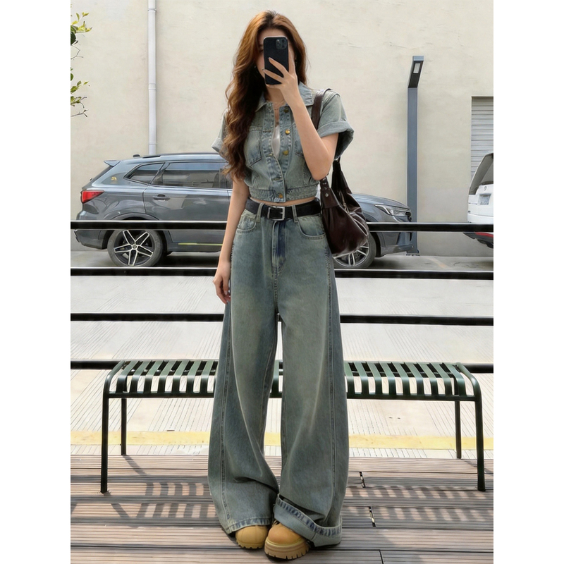 Denim Suit for Women, New Summer Style, Short-Sleeved Fashionable Short Shirt Top, Slimming Straight-Leg Wide-Leg Pants Two-Piece Set