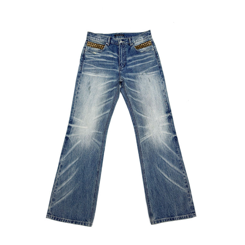 Poorland [Blue Shadow Rivet Jeans] Straight Bootcut Whiskered Snowflake Washed Straight Light Blue Jeans