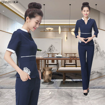 Shallow Ru foot bath technician work clothes womens suit summer beauty salon beautician clothing printing temperament Wood foot bath