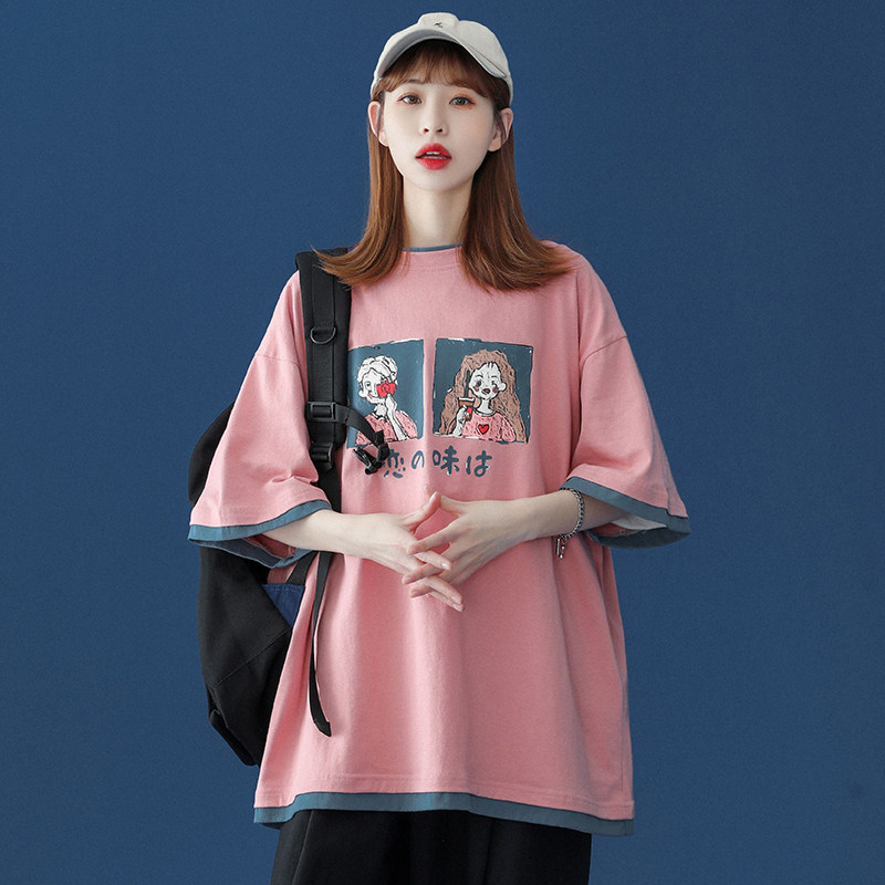 Two T - shirts half - sleeve design sensation for the niche printing 2022 new in tide red loose short sleeve tops