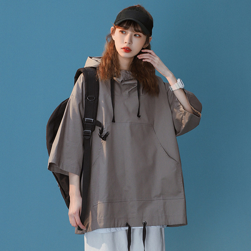 Retro American 70% Sleeve T-shirt Woman Cap Loose Ins Surge Street Hiphop Thin Tooling Short Sleeve Jacket Summer