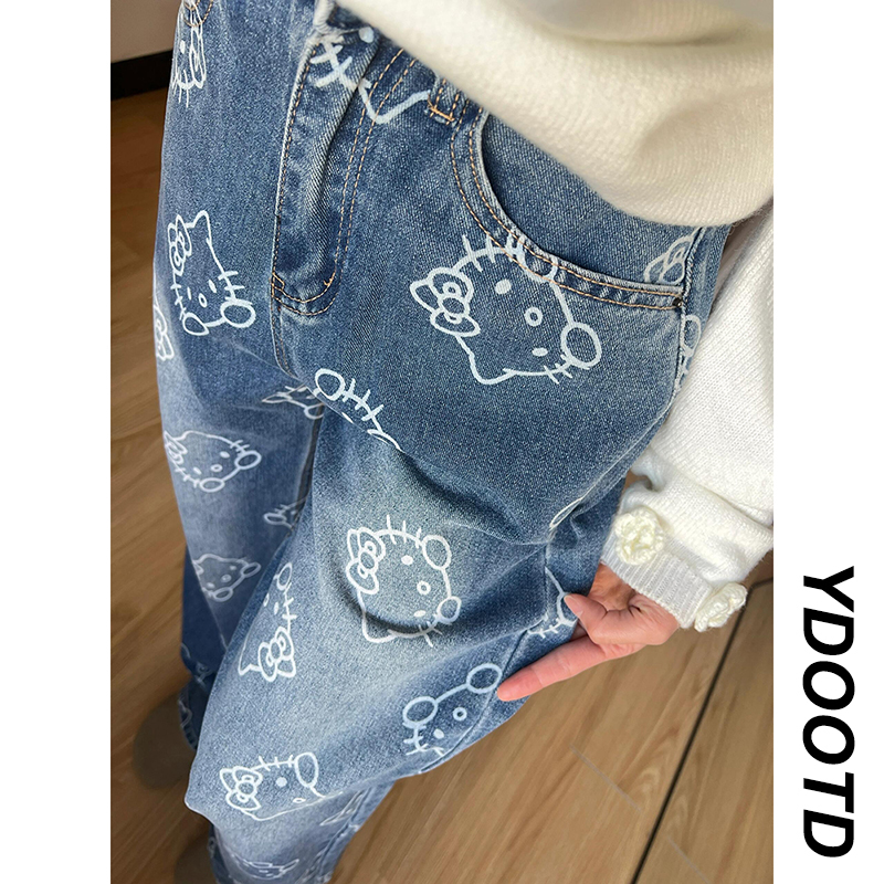 American Retro Kitty Cat Print Jeans, Light Luxury Niche Street Style Pants, Washed and Distressed Loose Straight-Leg Pants