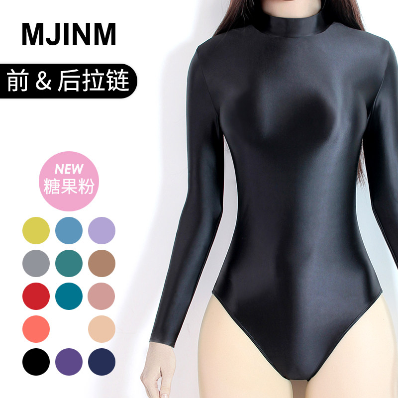 MJINM Beauty only beauty tight silk slip glossy high fork with swimsuit woman pure color beating base T-shirt blouse even seat long sleeve