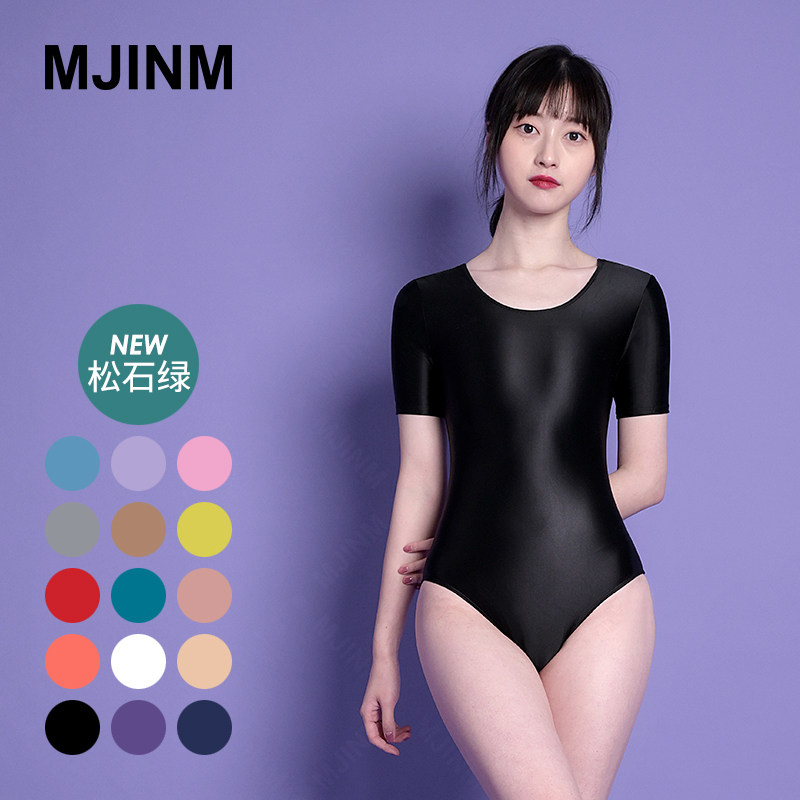MJINM Beauty only beauty tight glossy silk slip one-piece swimsuit woman pure color bodybuilding and plastic body half short sleeve blouse