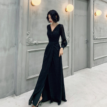 Black Evening Gown Dress Lady Banquet Temperament 2022 New Host Gown Womens Bright Flashy Annual Conference Dress Summer