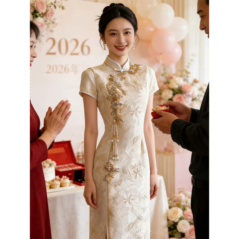 Вечернее платье cheongsam для помолвки с шампанским, маленькое элитное платье для тостов в тяжелой промышленности, платье невесты, которое выходит, чтобы поблагодарить вас, банкетная повседневная одежда