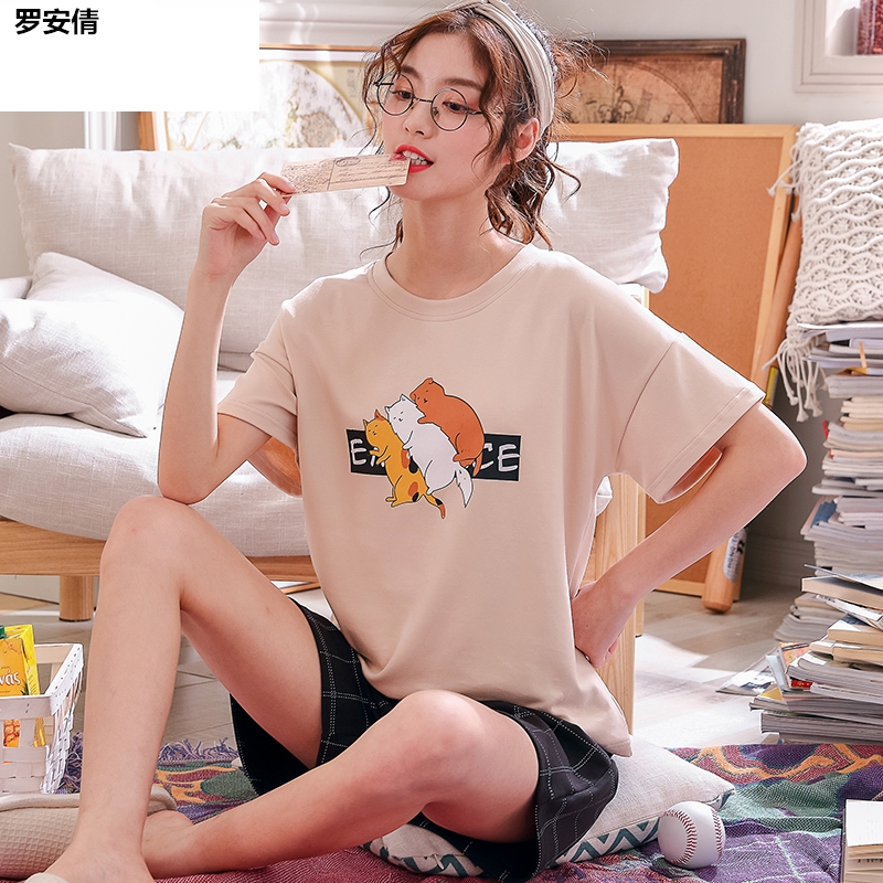 Pajama womens quần short cotton mùa hè thiết lập phiên bản Hàn Quốc dễ thương phim hoạt hình lớn quần áo đang nhà mùa hè hai mảnh bộ.