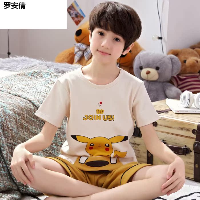 Childrens tay áo ngắn chất béo lớn cậu bé pajama phù hợp với bông mùa hè 3-5-6-7-8-9-10-12-15 tuổi.