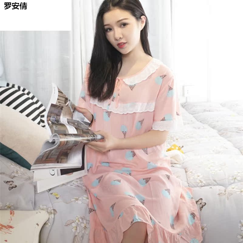 Bông lụa phụ nữ pajama váy ngắn tay mỏng rửa mùa hè vải thời trang dễ thương váy mùa hè vải bông nhân tạo nhà.