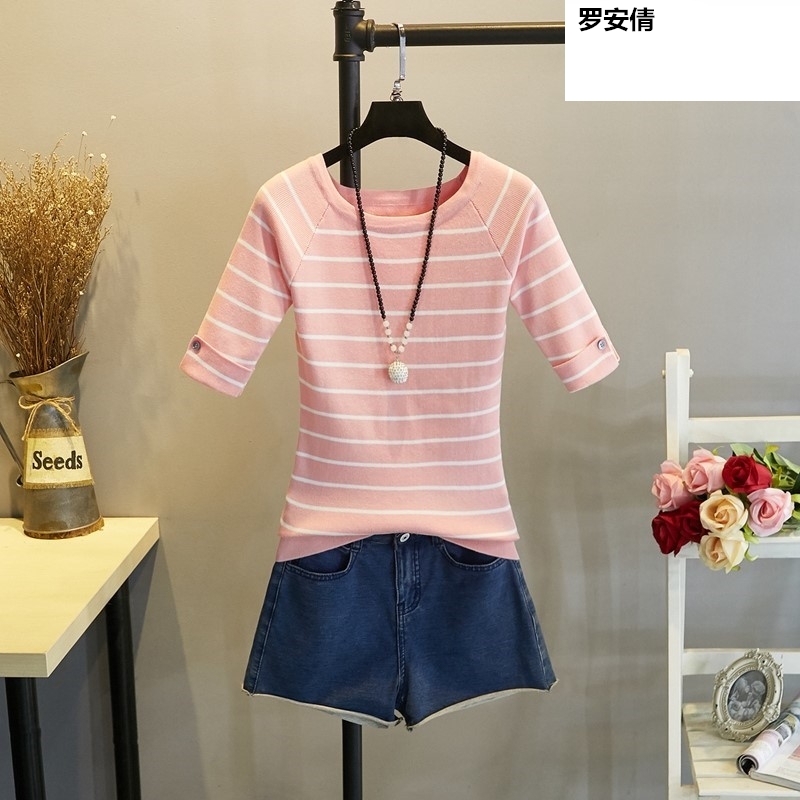 Ice lụa váy đầu t-shirt tay thân sọc ngắn tay knitshirt nửa tay áo của phụ nữ đáy mùa hè mỏng