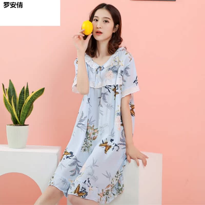 Bông lụa phụ nữ pajama váy ngắn tay mỏng rửa mùa hè vải thời trang dễ thương váy mùa hè vải bông nhân tạo nhà.