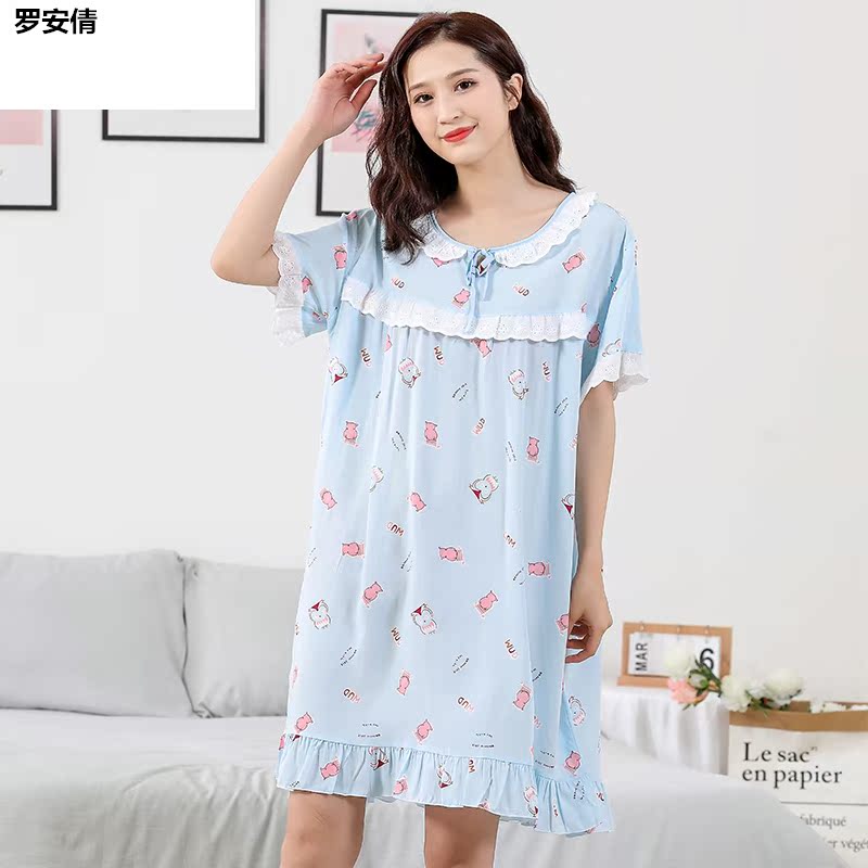 Bông lụa phụ nữ pajama váy ngắn tay mỏng rửa mùa hè vải thời trang dễ thương váy mùa hè vải bông nhân tạo nhà.