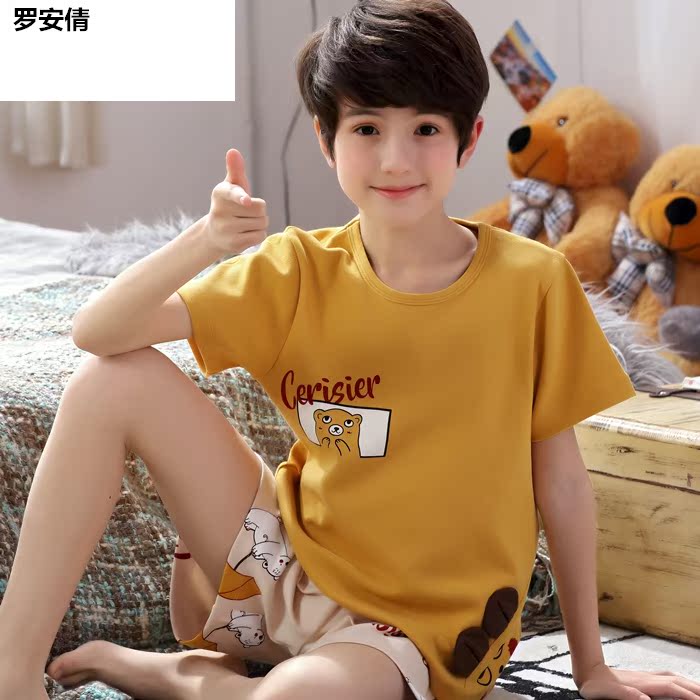 Childrens tay áo ngắn chất béo lớn cậu bé pajama phù hợp với bông mùa hè 3-5-6-7-8-9-10-12-15 tuổi.