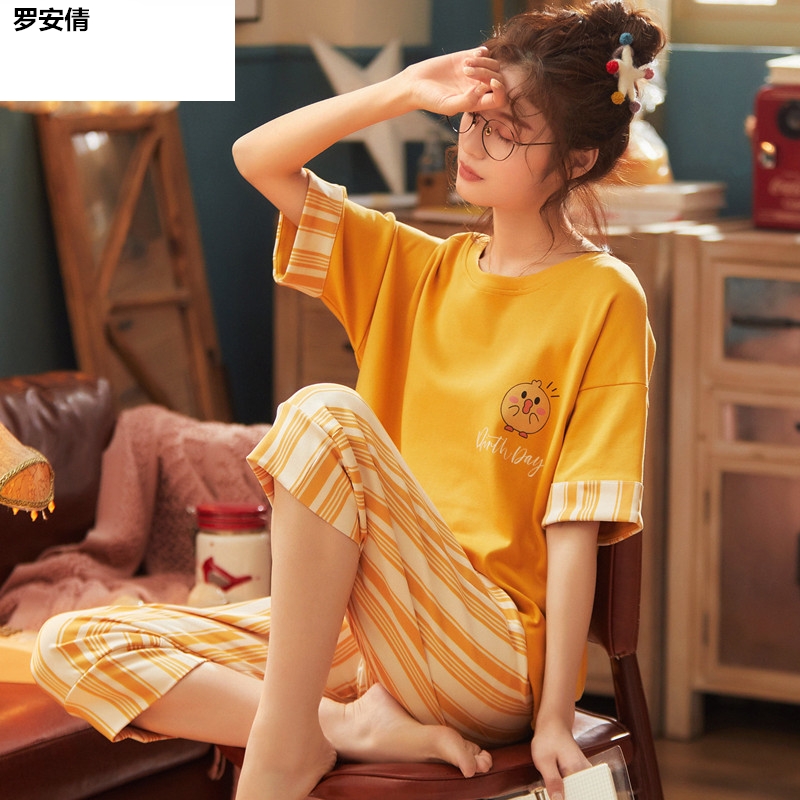 . Mùa hè womens đồ ngủ womens đồ ngủ cotton mùa hè ngắn tay bảy điểm quần bông bộ mùa hè có thể mặc quần áo nhà bộ hai mảnh.