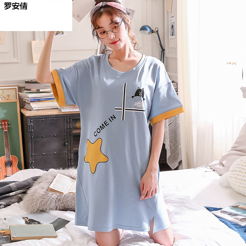 Mùa hè phụ nữ váy cotton ngủ bông dễ thương phụ nữ pajama symmy mùa hè ngắn tay giữa váy Hàn Quốc phiên bản phim hoạt hình lỏng lẻo về nhà quần áo.