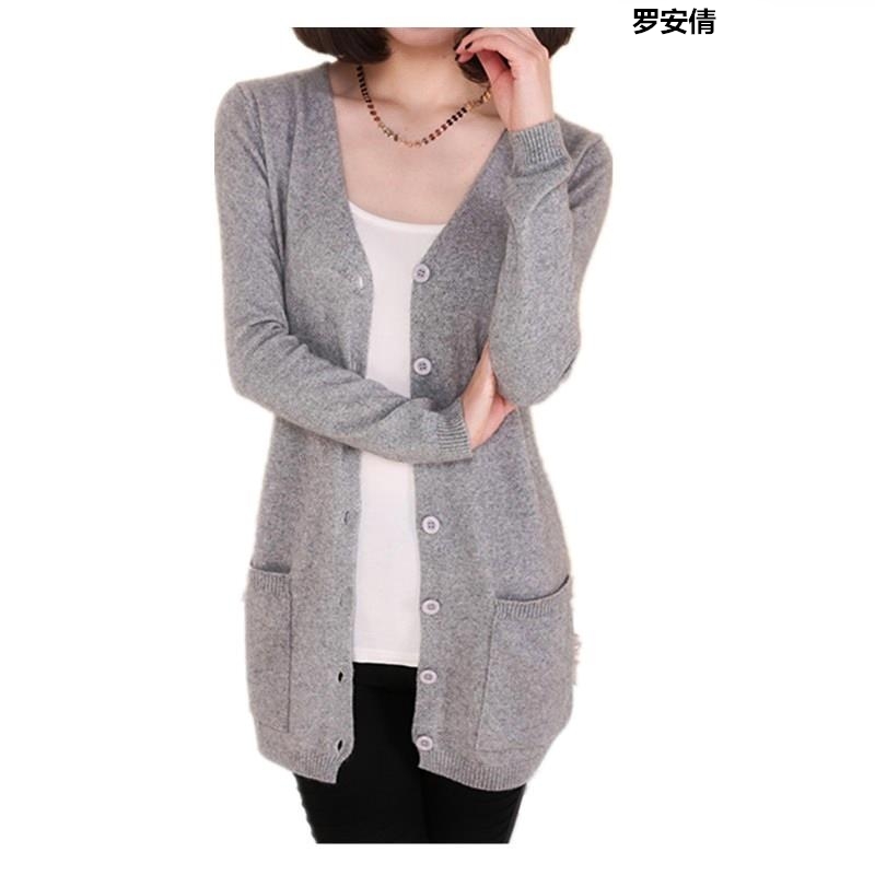 Mùa xuân và mùa thu gà mỏng cổ tim cardigan bên ngoài áo khoác dài mở ngực phụ nữ áo len của mặc một chiếc nhíp bên ngoài một cặp H