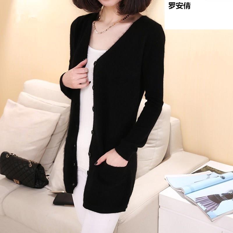 Mùa xuân và mùa thu gà mỏng cổ tim cardigan bên ngoài áo khoác dài mở ngực phụ nữ áo len của mặc một chiếc nhíp bên ngoài một cặp H