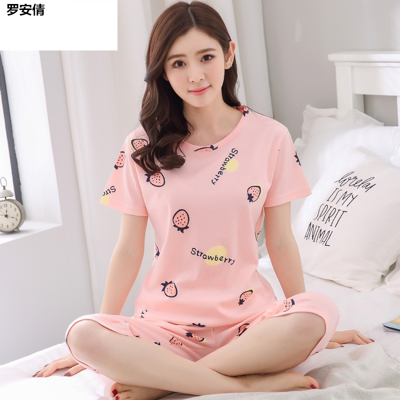 Summer womens đồ ngủ womens đồ ngủ cotton mùa hè ngắn tay bảy điểm quần bông bộ mùa hè có thể mặc quần áo nhà bộ hai mảnh.