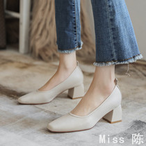 Leather thick heel shoes womens spring 2022 new square toe casual shallow mouth grandma shoes medium high heel all-match womens shoes