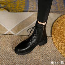 British style Martin boots womens 2021 autumn and winter all-match thick bottom leather single boots side zipper flat bottom mid-top short boots womens tide