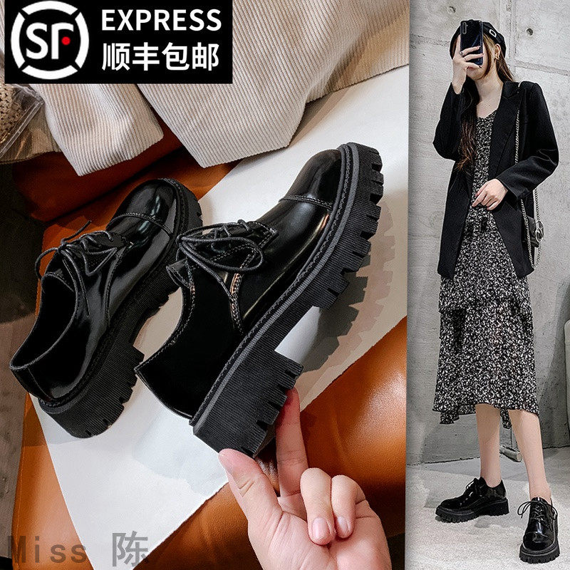 Genuine leather Inn small leather shoes women 2022 spring and summer lacing small sub-thick bottom Lefu shoes round head coarse heel single shoe woman 