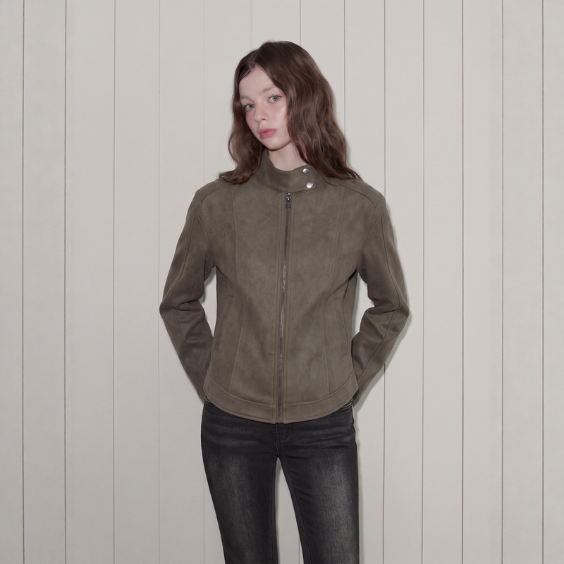 Aunp'American Green-Brown' Retro Stand-Collar Pu Leather Jacket for Women, Early Autumn Slim-Fit Short Biker Leather Jacket
