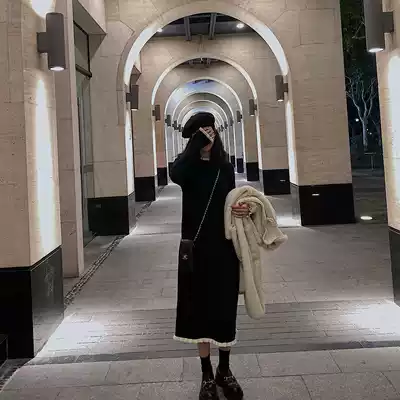 Temperament Knitted Sweater Dress Women 2020 in Autumn and Winter Take Long Version over the knee Hepburn Wind Long Sleeve Small Black Skirt