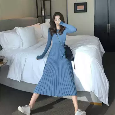 French retro waist long sleeve sweater bottom skirt temperament goddess Fan nei knee knitted dress autumn and winter