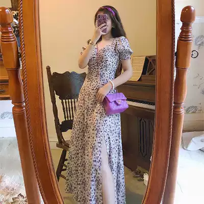 Large size women's French retro bubble sleeves purple floral split skirt Fat mm cover belly thin Bellflower dress