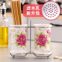 Eurostyle creative home ceramic Double-cylinder Chopstick Cylinder Drain chopstick rack Mildew Drain Chopstick Cage Chopstick Holder Multifunction