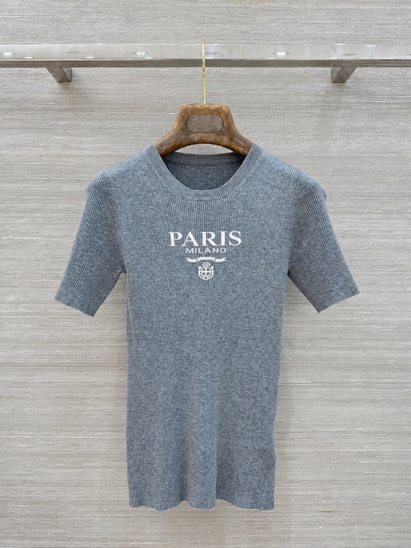 Power/Ceiling 26S Autumn New Letter Jacquard Knit Slim Wool Short Sleeve T-Shirt for Women, Slimming Effect