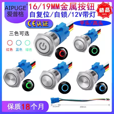 16 19MM self-reset self-locking waterproof metal button switch small with light DC12V power supply 220V flat high head