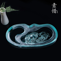 Suxi reverse Qiankun tea tray Tianqing glass high-end art relief water storage tea making small jade tea table
