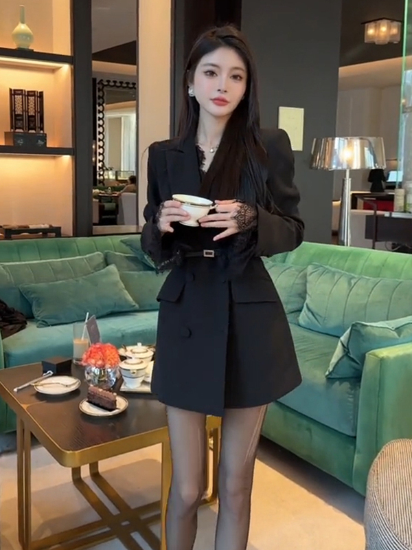 2024 Autumn Women's Blazer Jacket for Petite Women, Black Casual Elegant Socialite High-End Blazer Dress