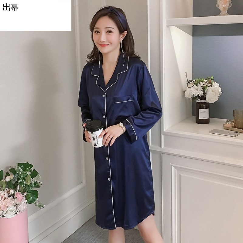 . Pajama nút áo sơ mi theo phong cách sinh viên lụa bầu trời băng trong dài tay áo sơ mi lụa mùa hè đồ ngủ mỏng mùa xuân và mùa hè lớn.