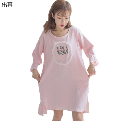 . Mùa xuân trăng mặc cotton womens thai váy ngủ dài tay áo womens thai đồ ngủ thai sản cho con bú cho con bú ra chiếc váy.